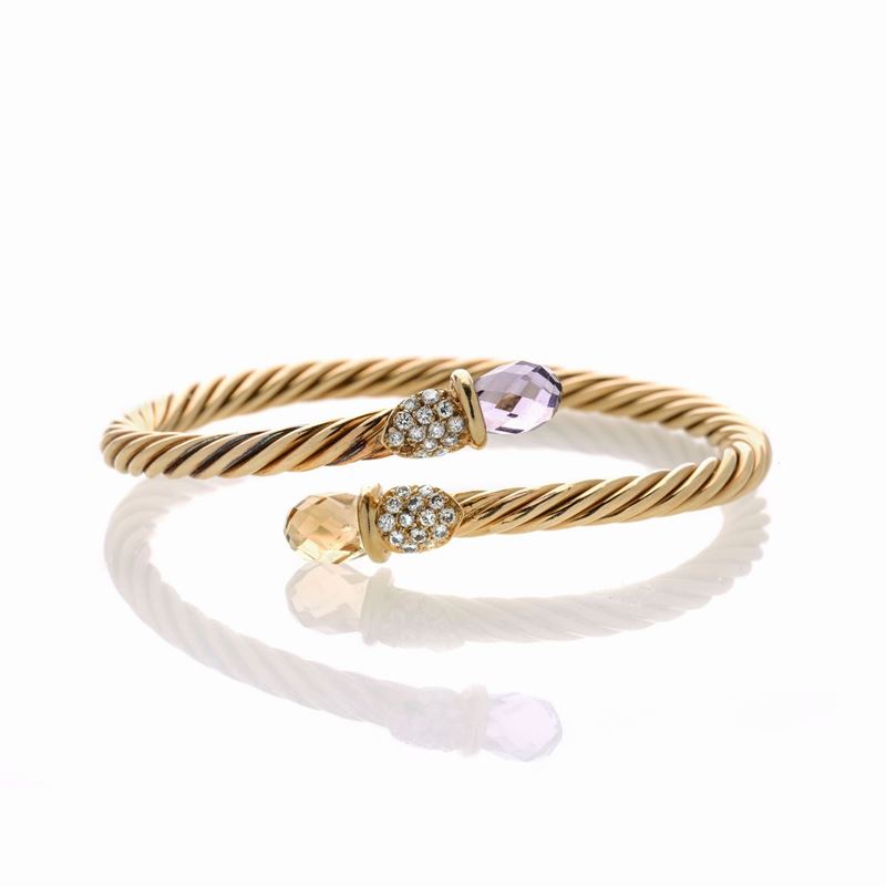 Bracciale Rigido Torchon in Oro Giallo 18k, Diamanti, Quarzo Citrino ed Ametista