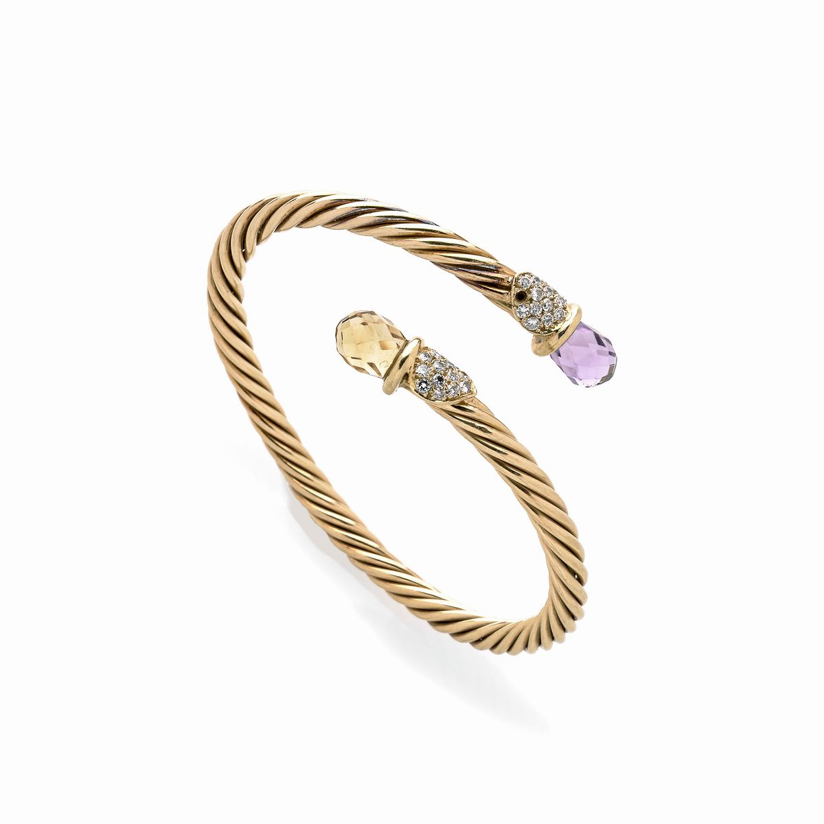 Bracciale Rigido Torchon in Oro Giallo 18k, Diamanti, Quarzo Citrino ed Ametista