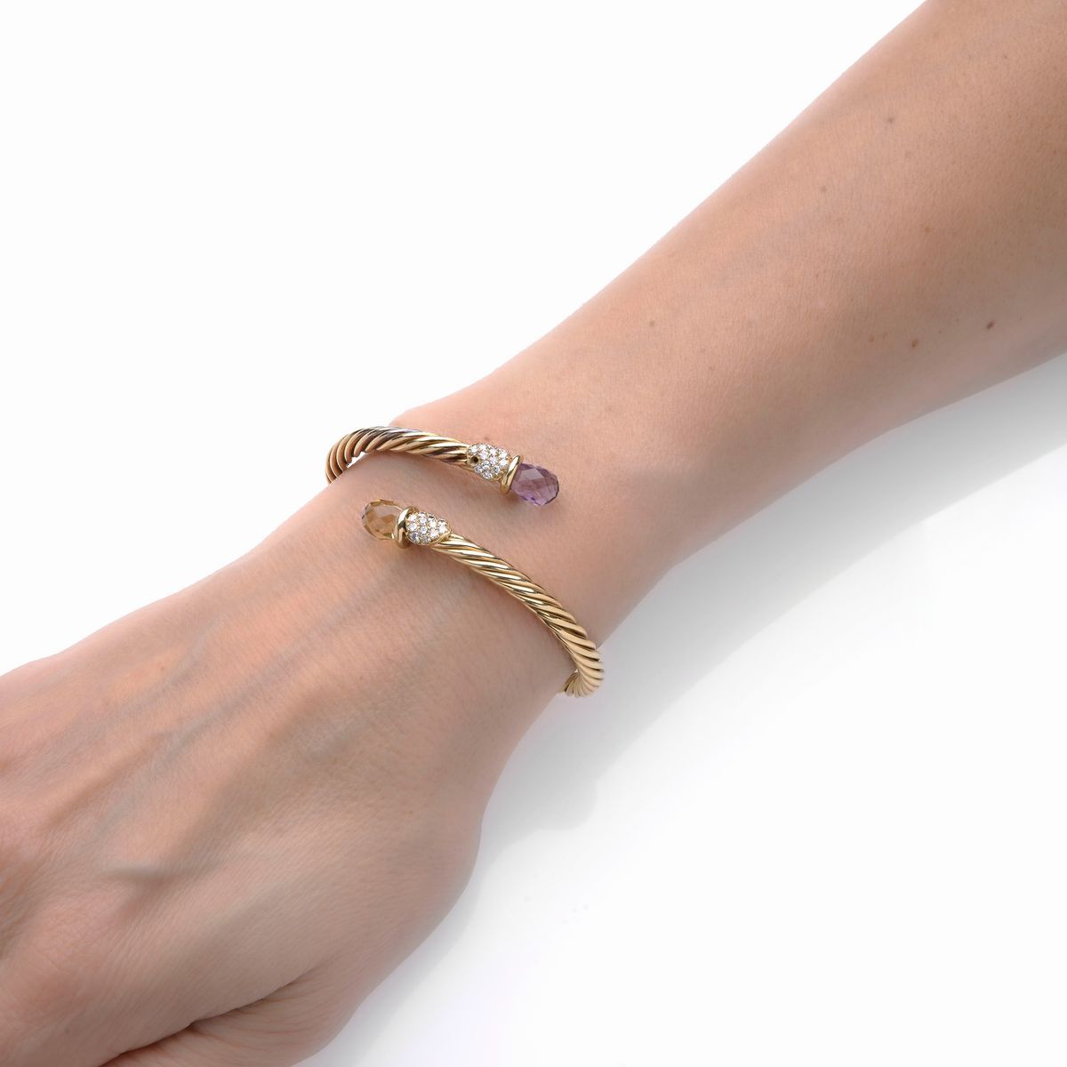 Bracciale Rigido Torchon in Oro Giallo 18k, Diamanti, Quarzo Citrino ed Ametista