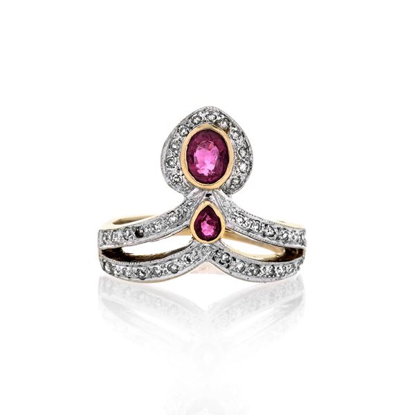 Indian wedding ring in 14k yellow gold, white gold, diamonds and rubies