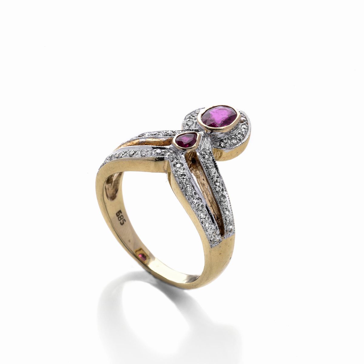 Anello Fede Indiana in Oro Giallo 14k, Oro Bianco, Diamanti e Rubini