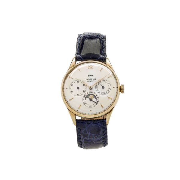yellow gold wristwatch with full calendar and moon phases, Universal Geneve, Ref. 11306