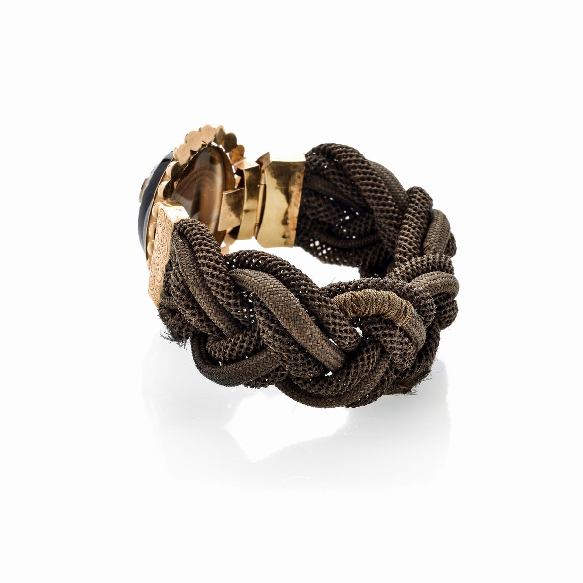 Bracciale Vittoriano commemorativo in oro giallo 18 kt, Cammeo in agata incisa e capelli