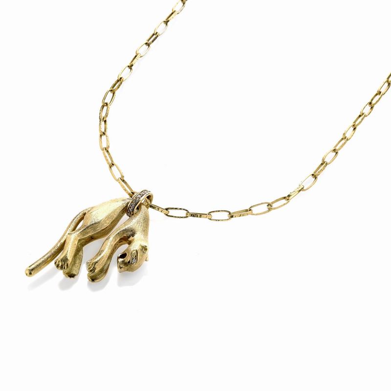 Grande pendente Pantera con lunga catena a maglie intrecciate in oro giallo 18k e diamanti