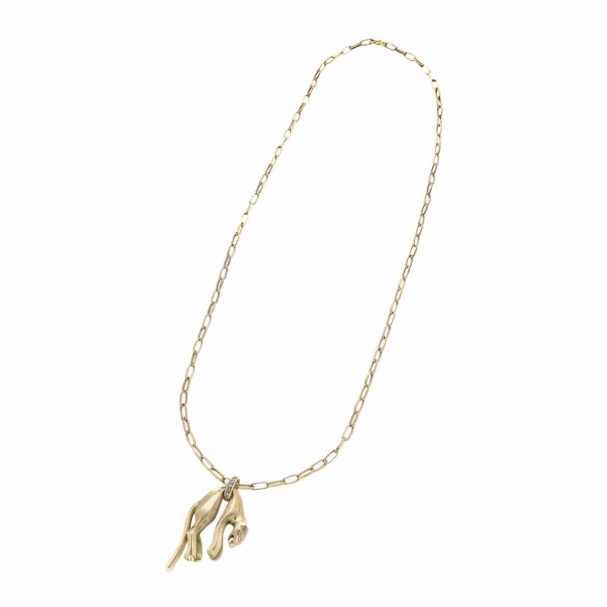 Grande pendente Pantera con lunga catena a maglie intrecciate in oro giallo 18k e diamanti