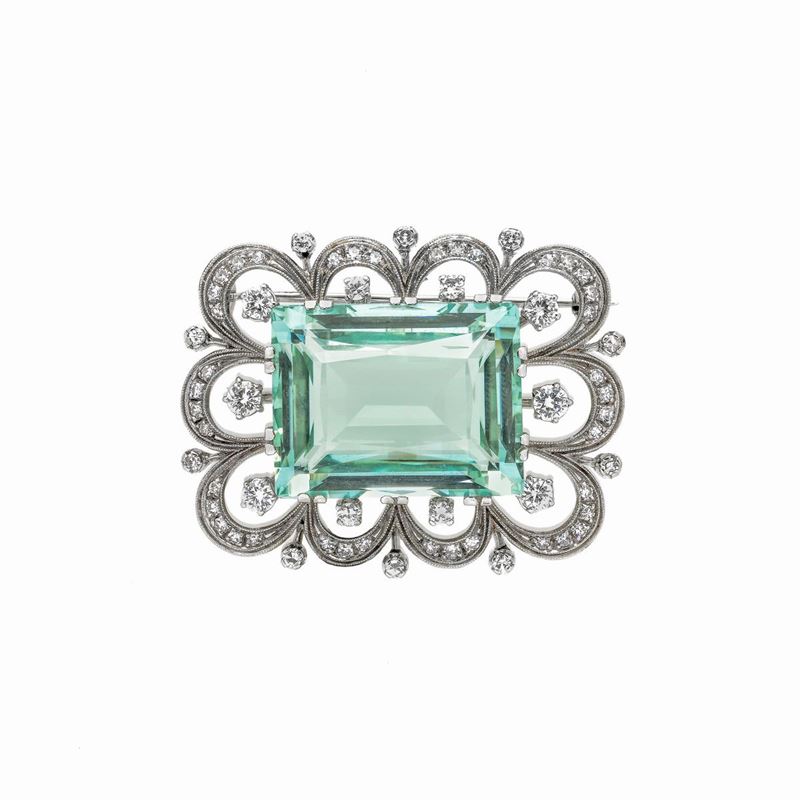 Spilla rettangolare in oro bianco 18k, diamanti e grande acquamarina