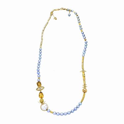 Lunga Collana in Oro Giallo 18k, Perle Grigie, Diamanti e Perla Mabè