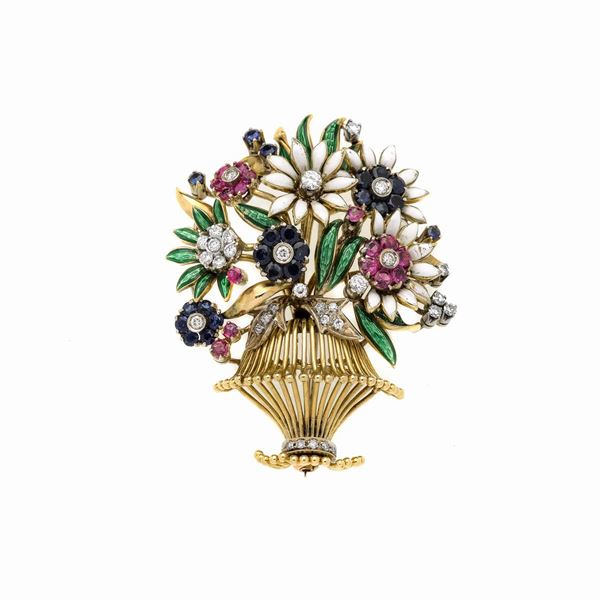 Basket brooch in 18kt yellow gold, white and green enamels, diamonds, sapphires and rubies