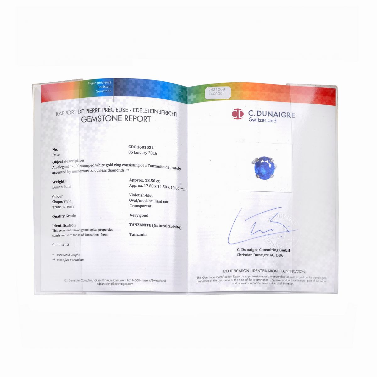 Alto anello in oro bianco 18kt, diamanti e tanzanite viola-blu