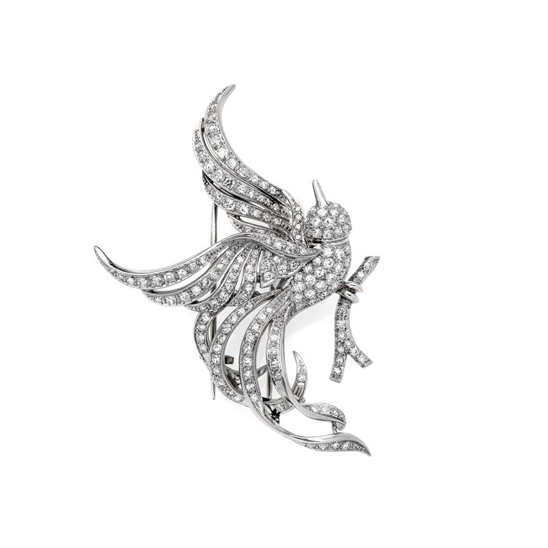 Clip Uccello del Paradiso in oro bianco 18k e diamanti