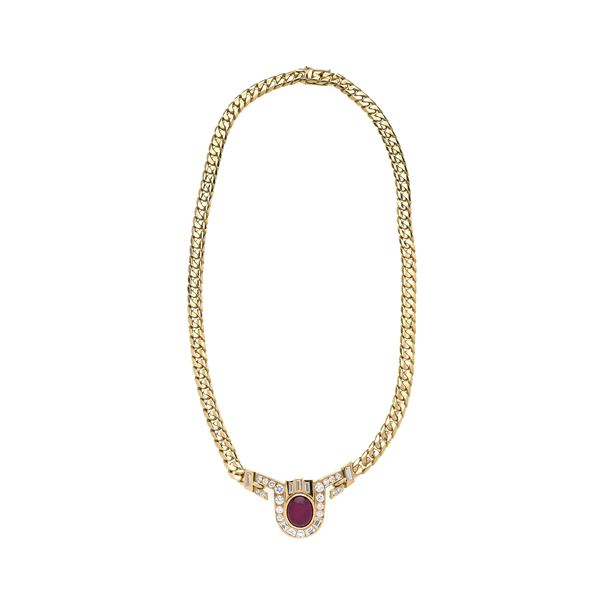 Necklace in 18k yellow gold, diamonds and ruby
