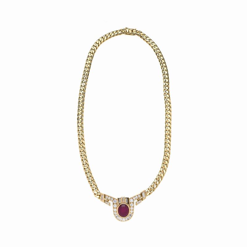 Girocollo in oro giallo 18k, diamanti e rubino
