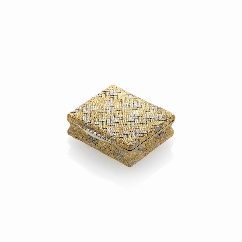 Scatola portapillole in oro giallo 18kt, oro bianco e diamanti