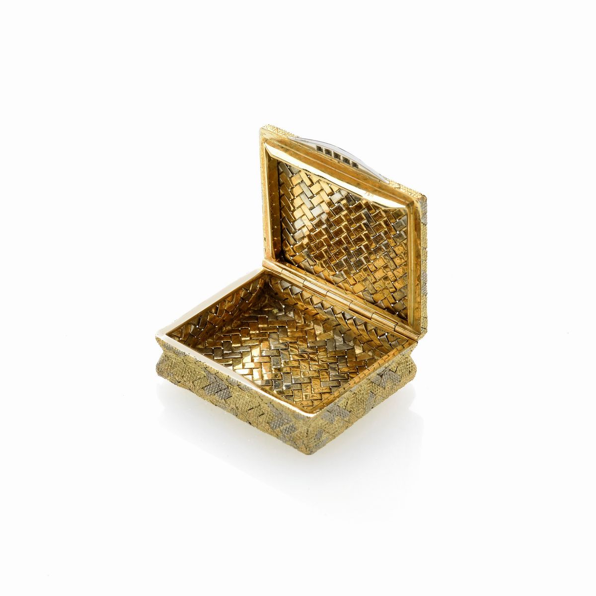 Scatola portapillole in oro giallo 18kt, oro bianco e diamanti