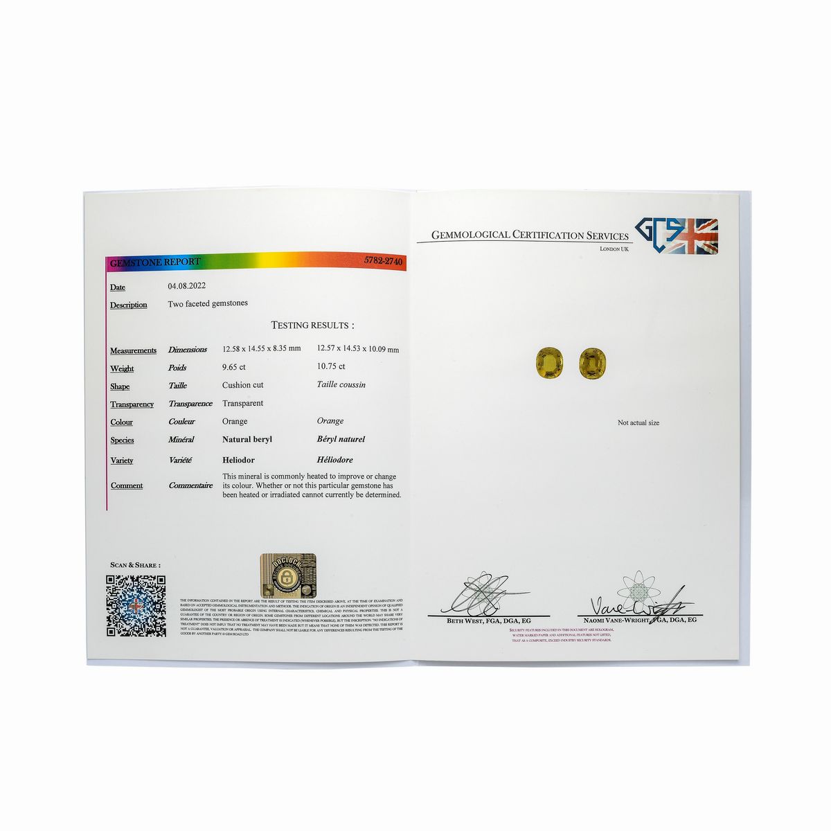 Paio di orecchini in platino, diamanti e berillo naturale color arancio