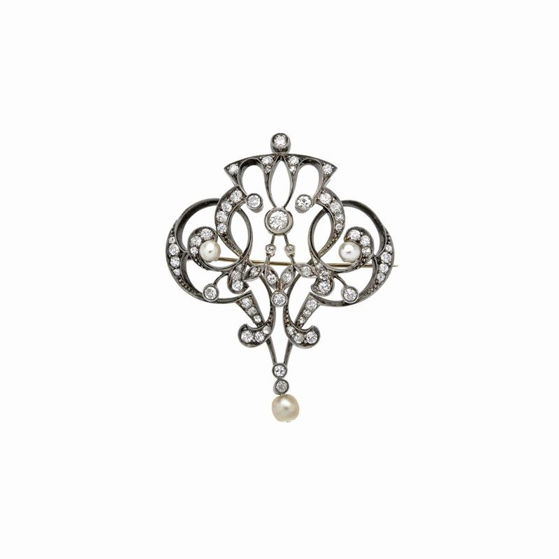 Spilla in oro 12 kt, argento, diamanti e perle