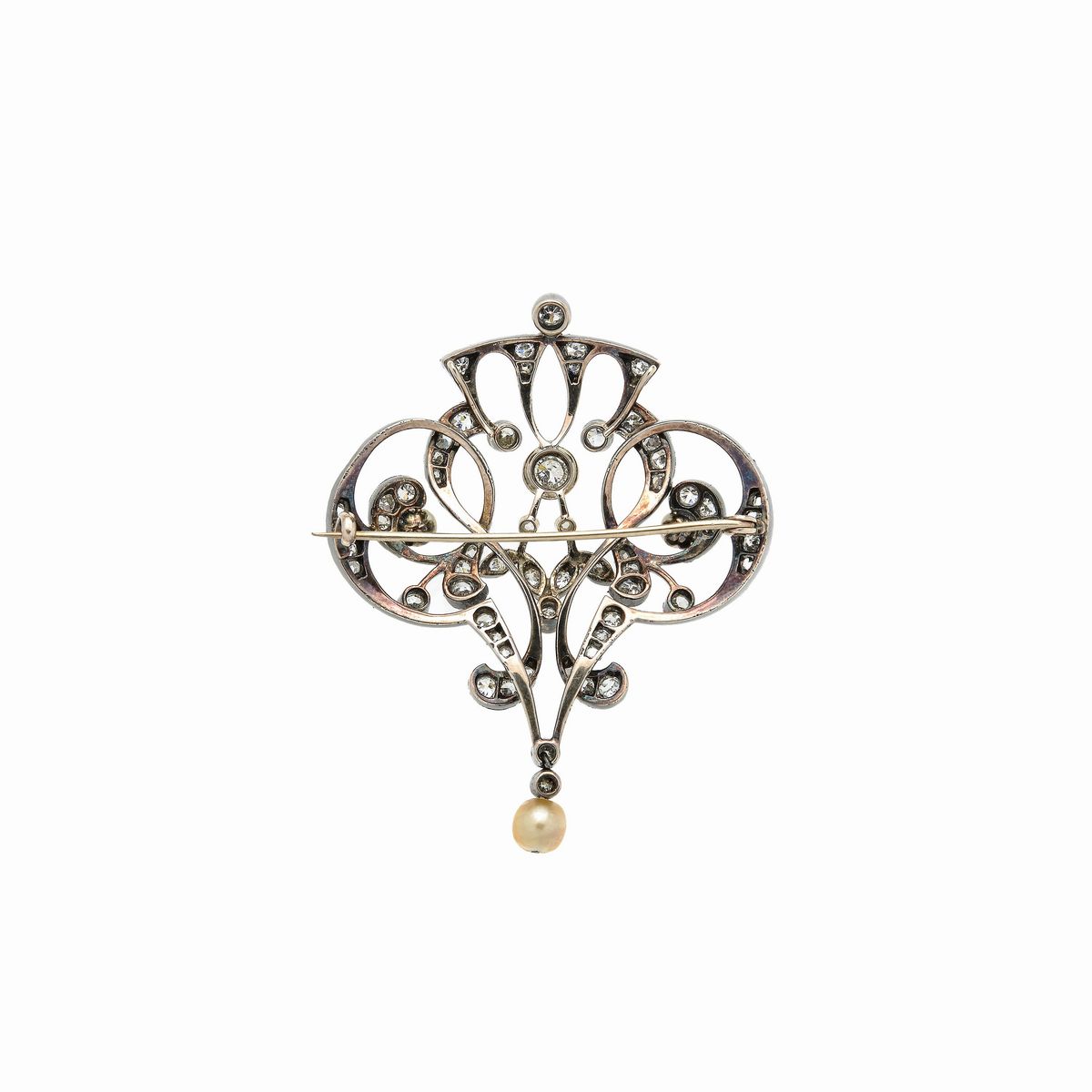 Spilla in oro 12 kt, argento, diamanti e perle