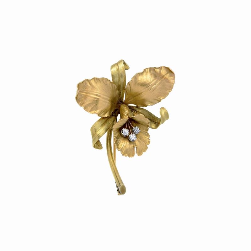 Grande spilla Orchidea in oro giallo 18 kt e diamanti