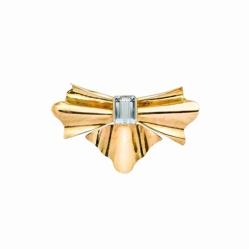 Grande spilla Fiocco in oro giallo 18 kt e acquamarina