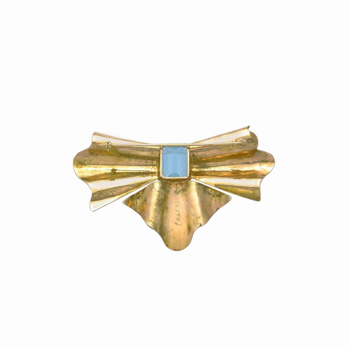 Grande spilla Fiocco in oro giallo 18 kt e acquamarina