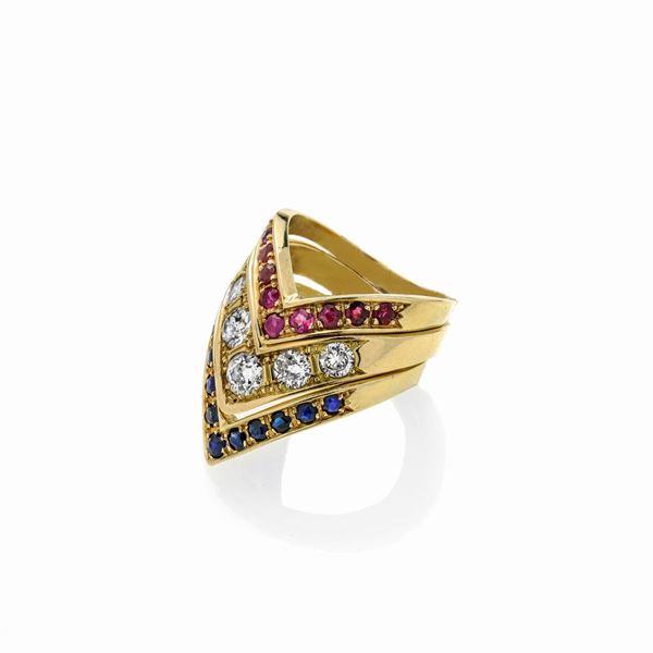 Indian wedding ring in 18kt yellow gold, diamonds, sapphires and rubies