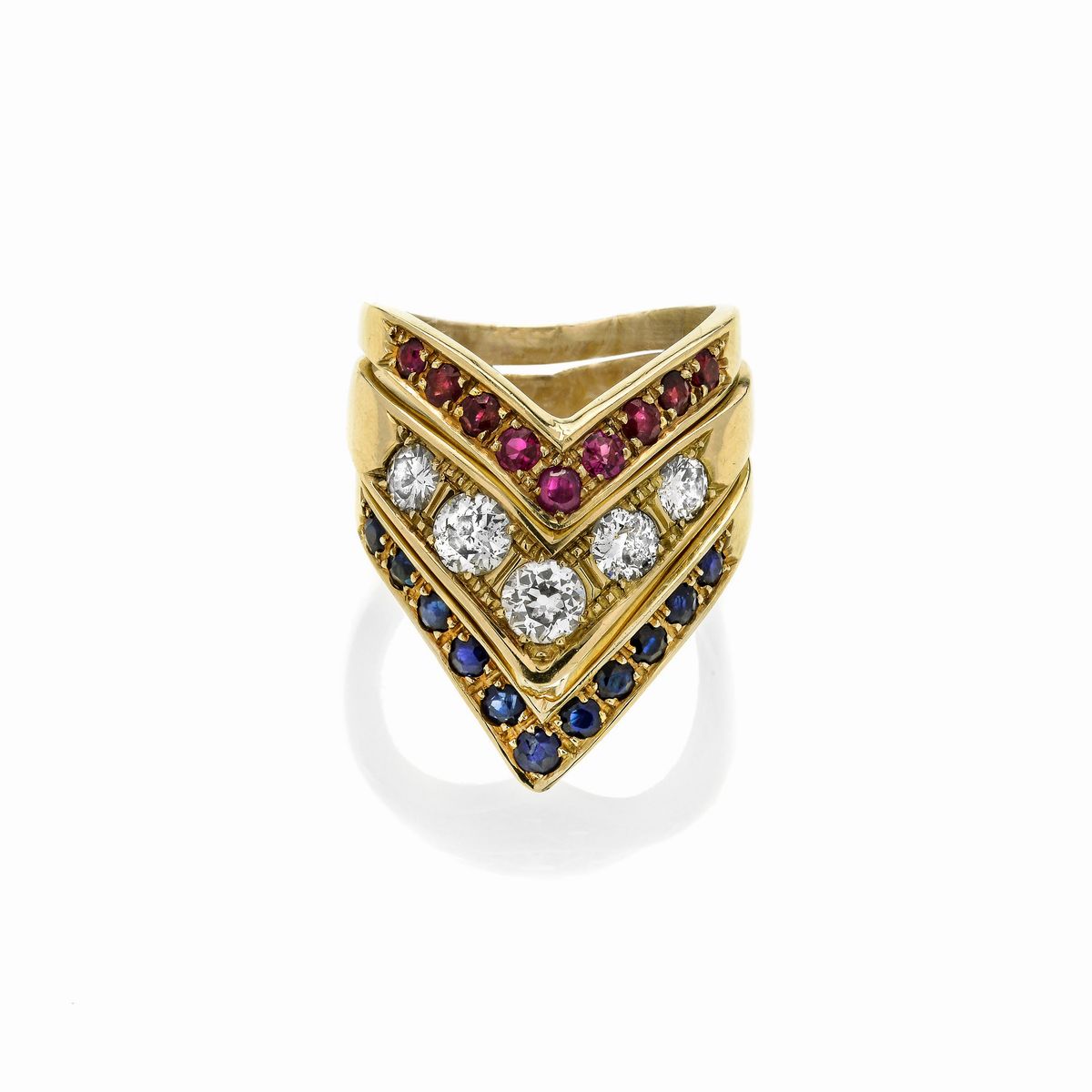 Fede indiana in oro giallo 18 kt, diamanti, zaffiri e rubini