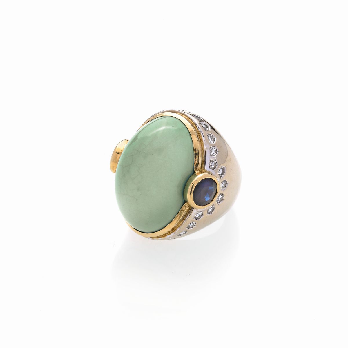 Grande anello in oro giallo 18 kt, oro bianco, diamanti, zaffiri e turchese