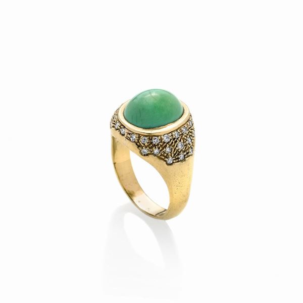 Anello in oro giallo 18 kt, diamanti e turchese