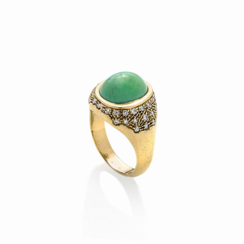 Anello in oro giallo 18 kt, diamanti e turchese