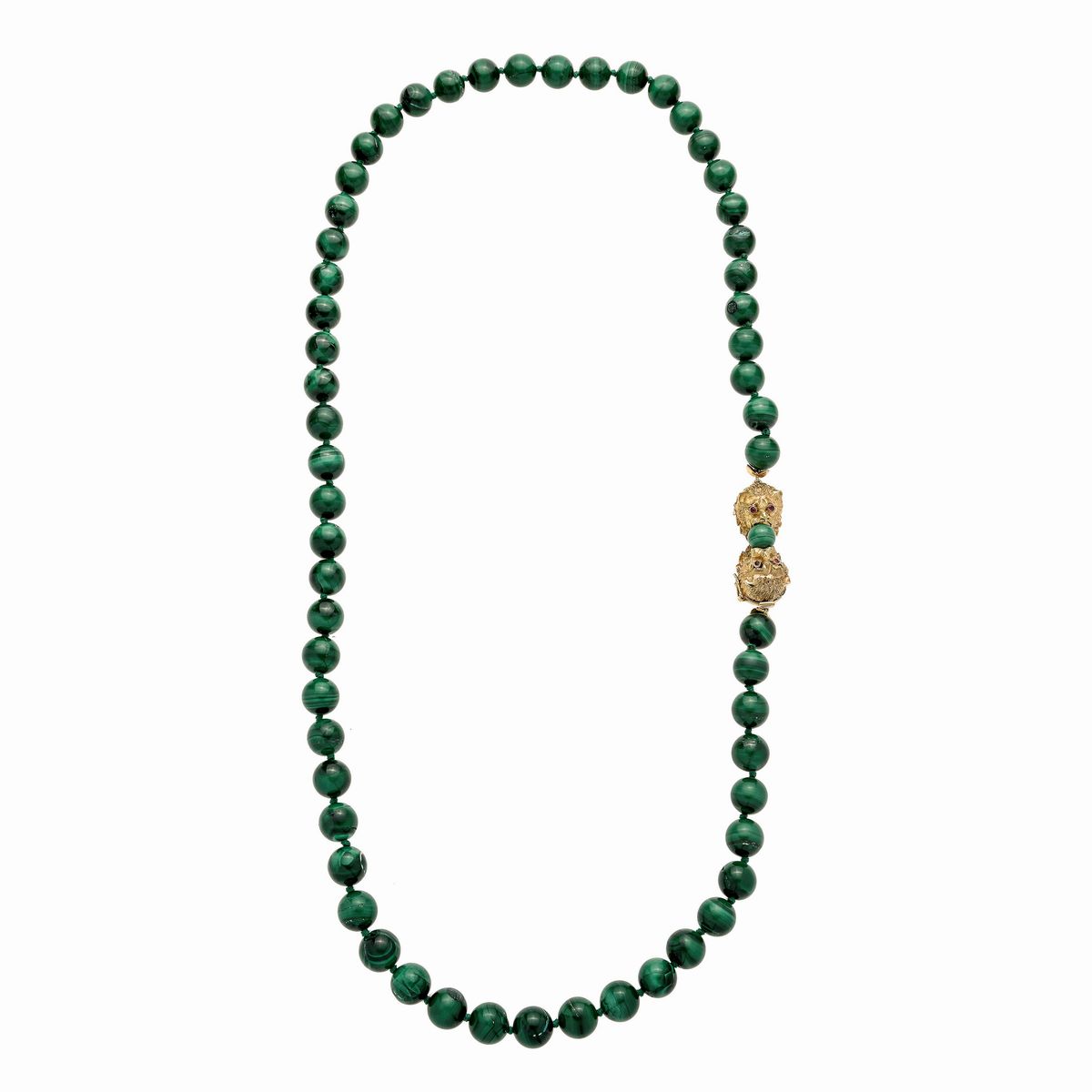 Lunga collana in malachite, oro giallo 18kt e rubini