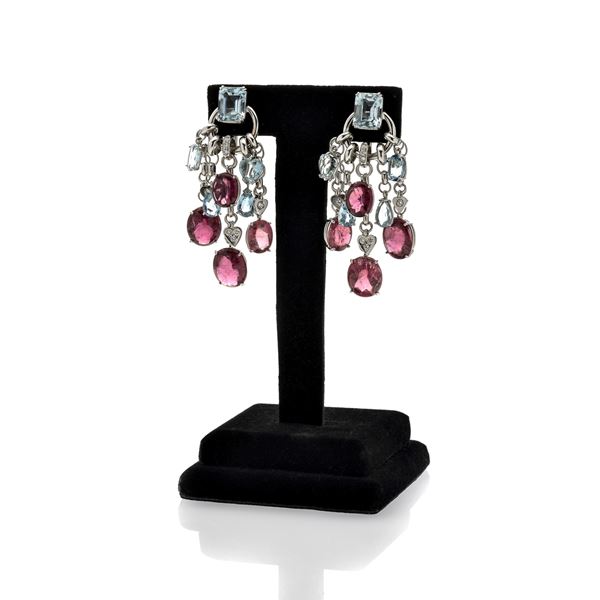 Pair of 18 kt white gold, diamond, aquamarine and pink tourmaline pendant earrings