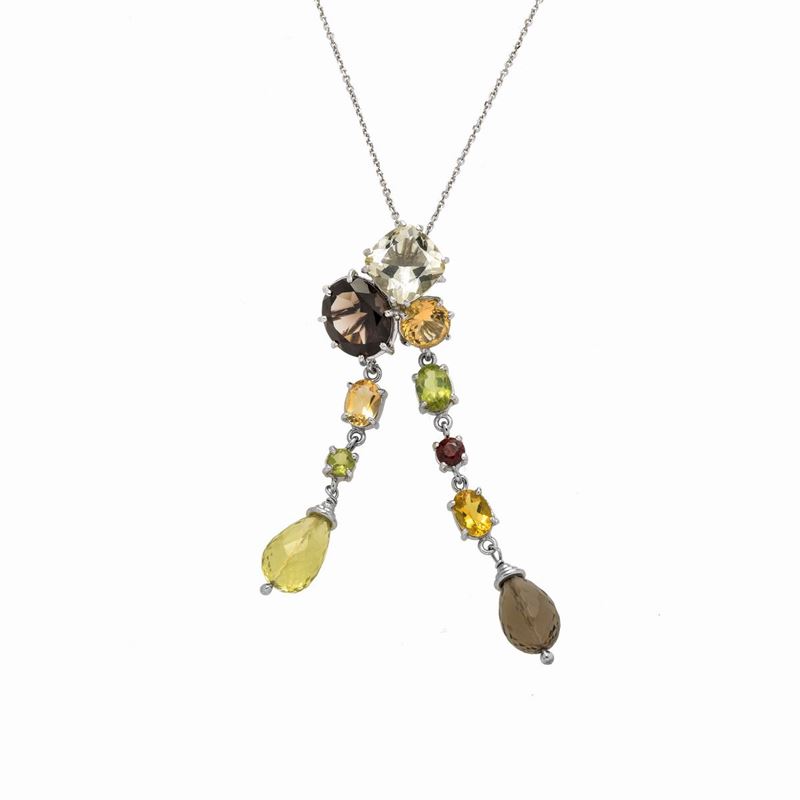 Pendente con catena in oro bianco 18 kt, granato e quarzi colorati