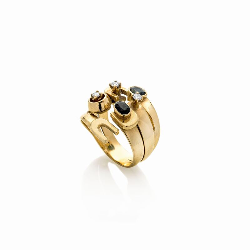 Anello in oro giallo 18 kt, diamanti e zaffiri