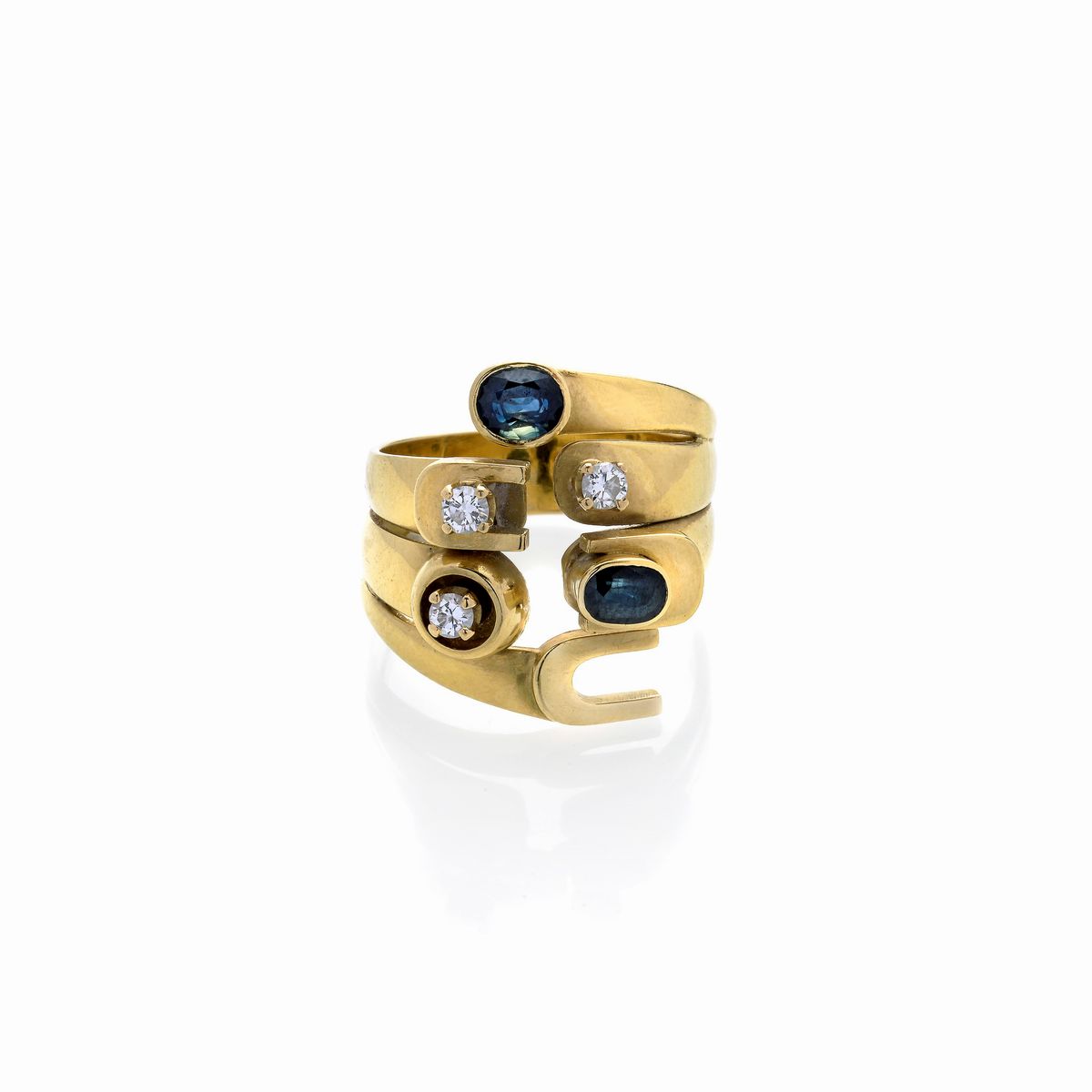 Anello in oro giallo 18 kt, diamanti e zaffiri