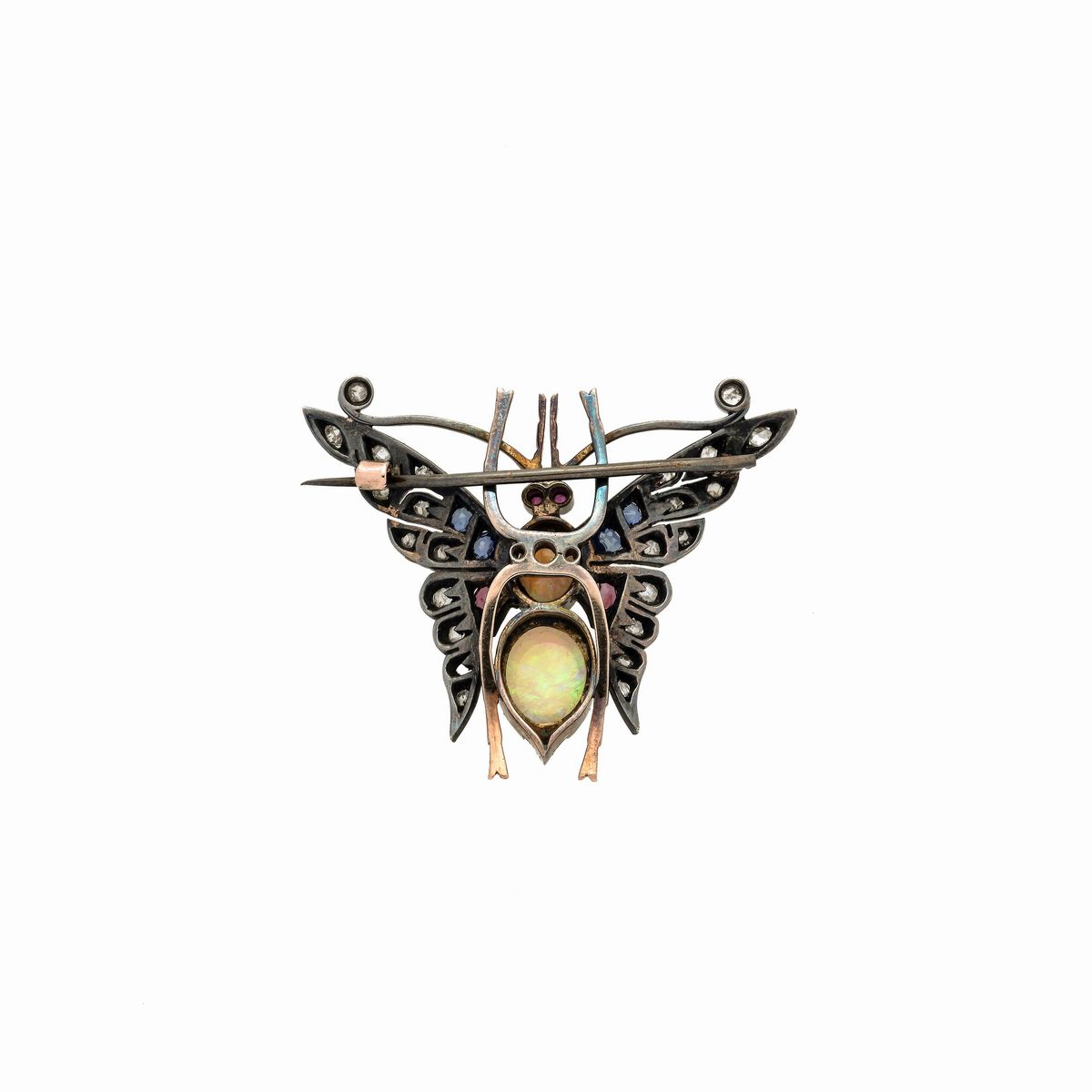 Spilla farfalla in oro 9 kt, argento, diamanti, zaffiri, rubini e opale