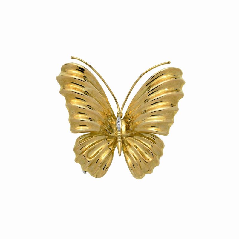 Grande spilla Farfalla in oro giallo 18 kt, oro bianco e diamanti