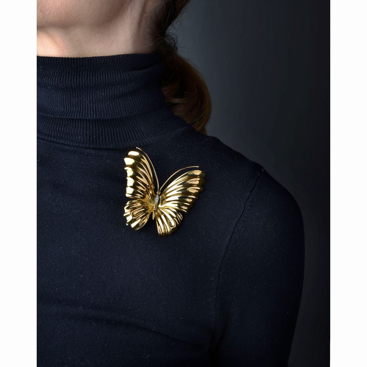 Grande spilla Farfalla in oro giallo 18 kt, oro bianco e diamanti
