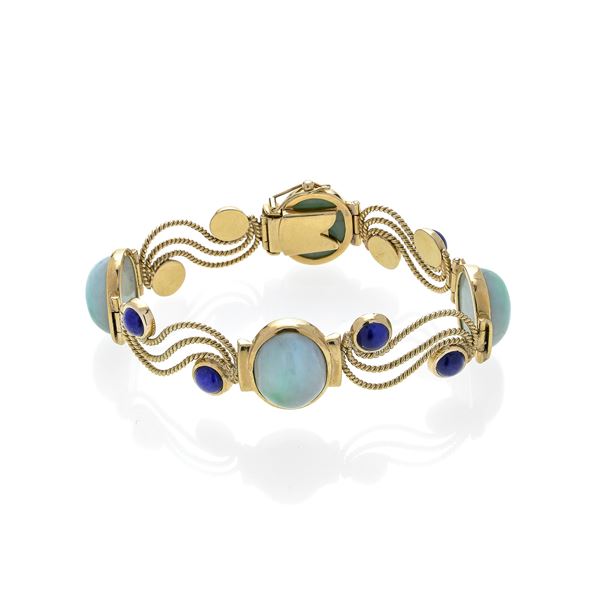 Bracelet in 18kt yellow gold, lapis lazuli and jadeite
