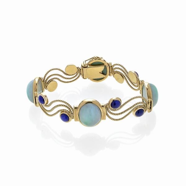 Bracciale in oro giallo 18 kt, lapislazzuli e giadeite