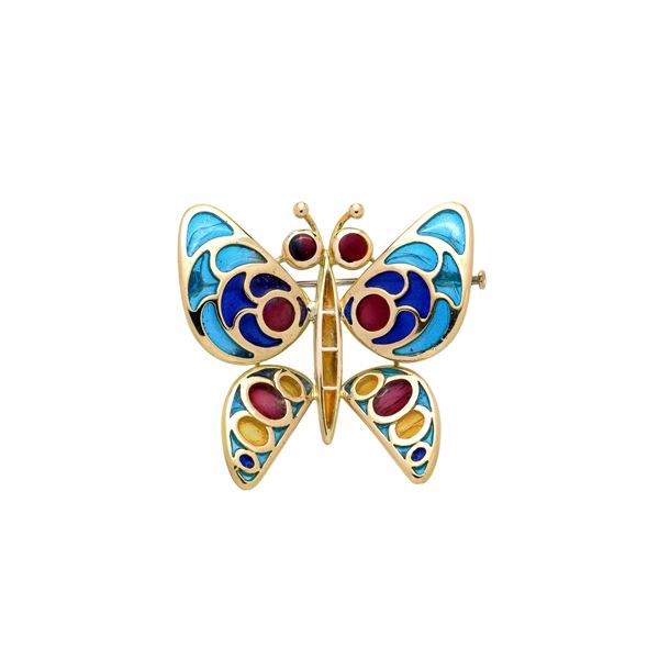 Butterfly brooch in 18kt yellow gold and polychrome enamels