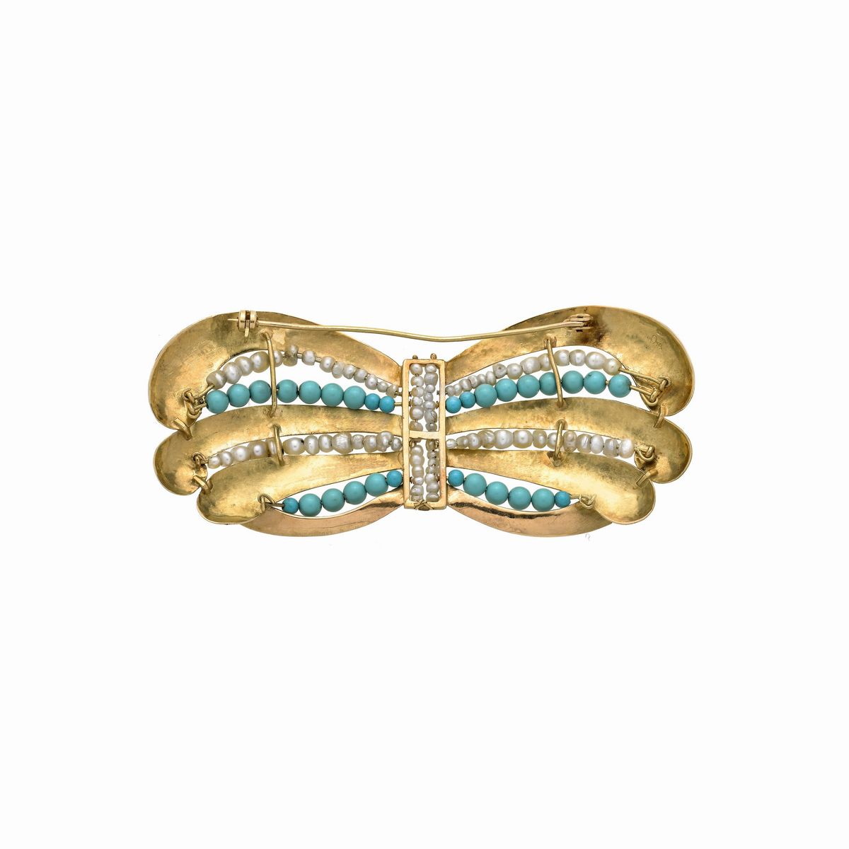 Grande spilla fiocco in oro giallo 18 kt, microperle e turchese