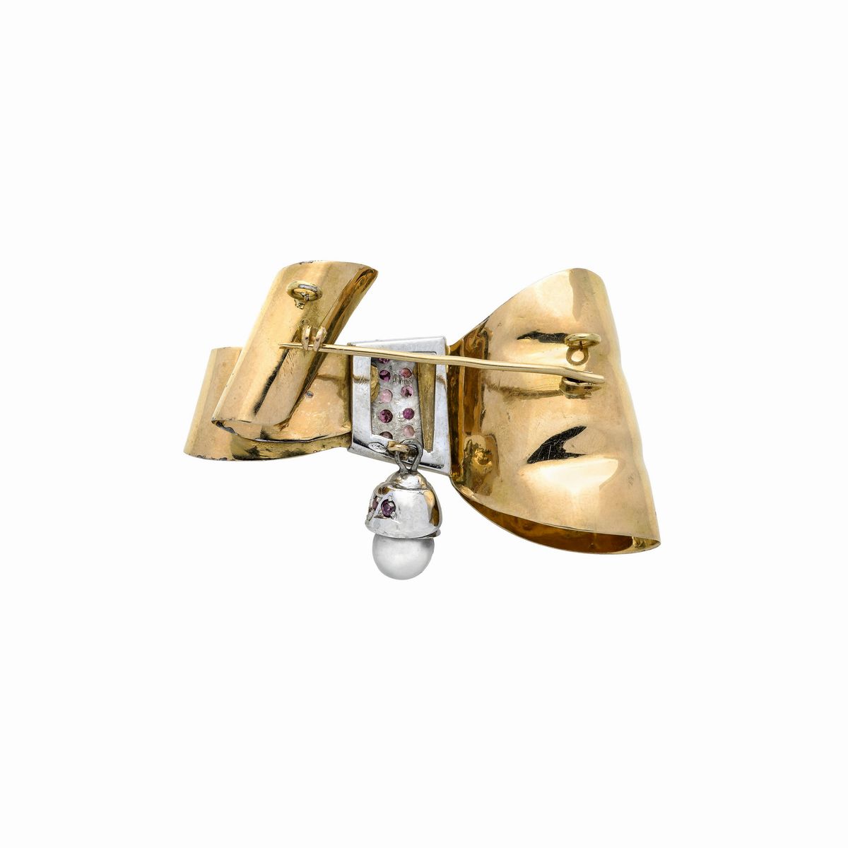 Spilla fiocco in oro giallo 18 kt, oro bianco, rubini e perle