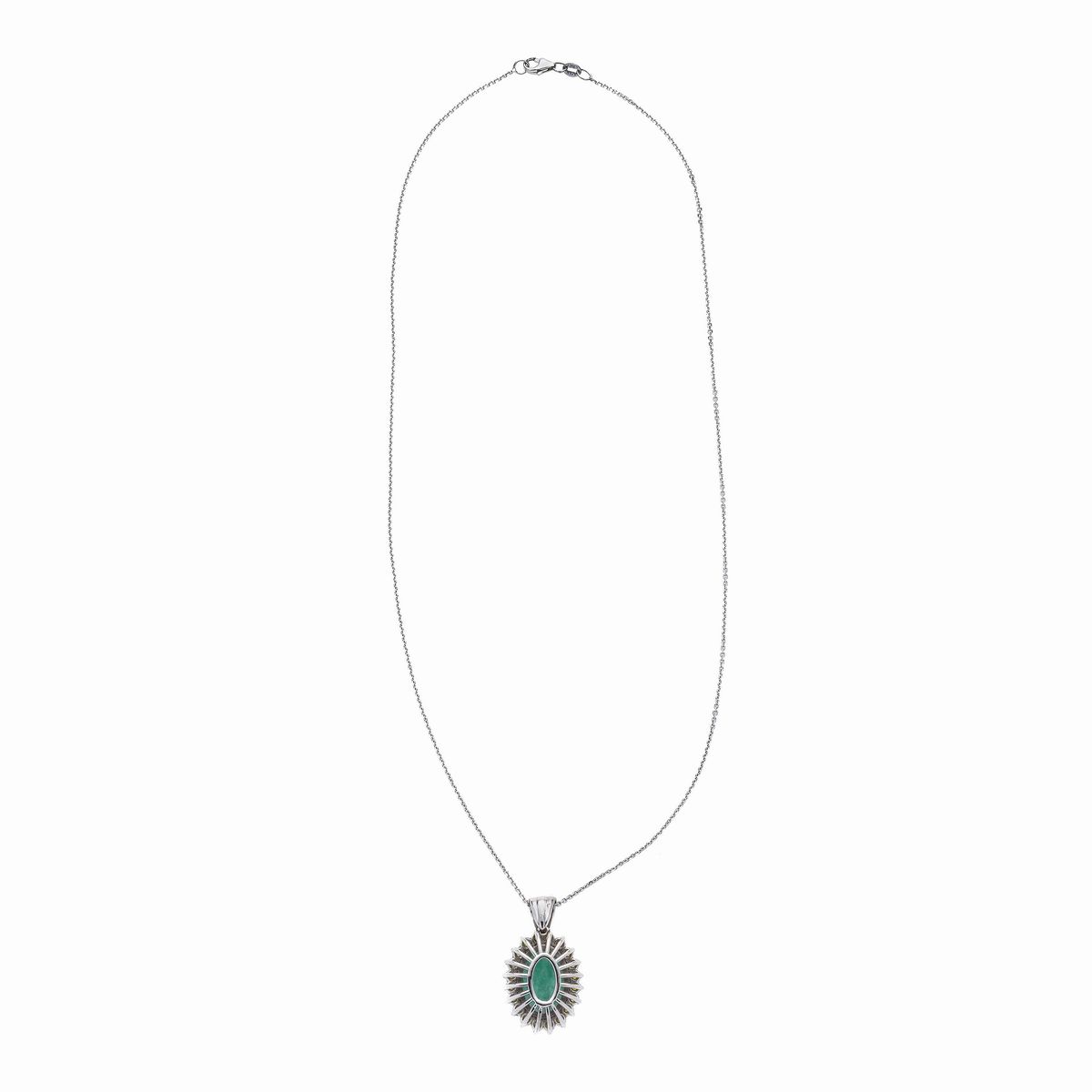Pendente in oro bianco 18 kt, diamanti gialli e smeraldo con catena in oro bianco