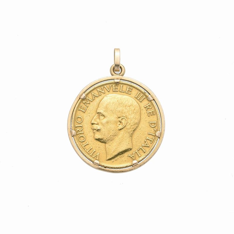 Grande moneta 100 lire in oro giallo 22 kt montata come pendente in oro 18 kt
