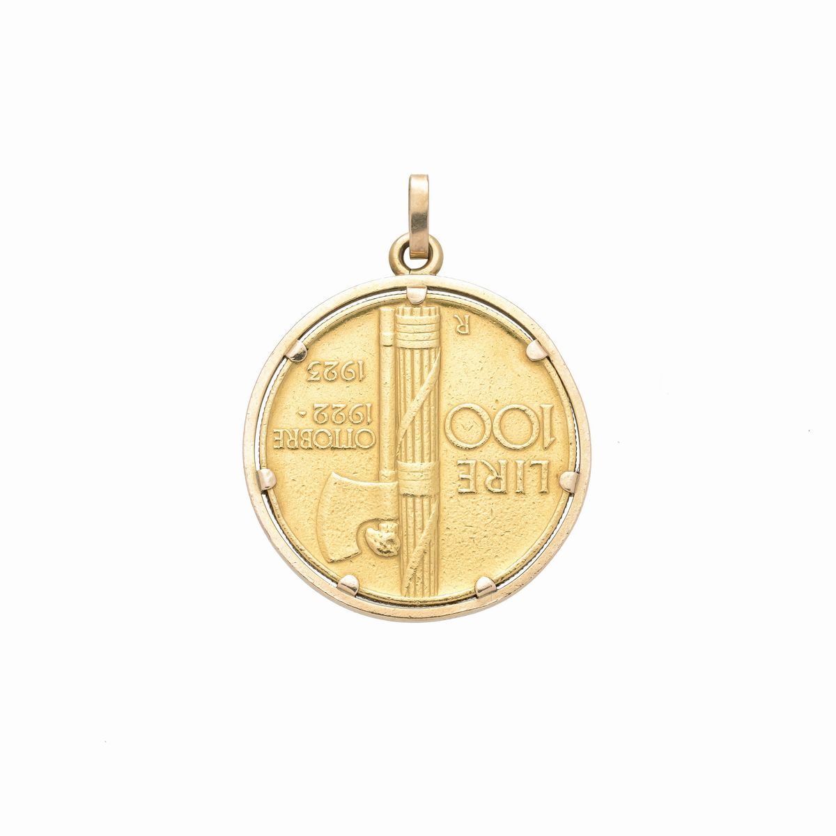 Grande moneta 100 lire in oro giallo 22 kt montata come pendente in oro 18 kt