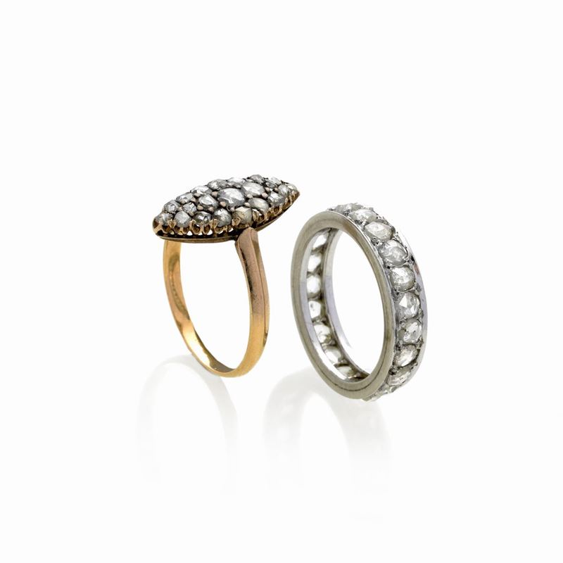 Anello eternity in oro bianco 18 kt e diamanti e anello a losanga in oro giallo 14 KT e diamanti