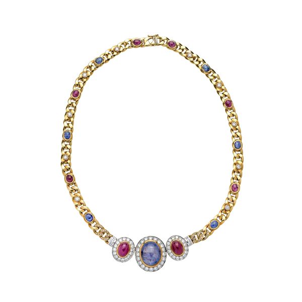 Necklace in yellow gold, white gold, diamonds, rubies and sapphires