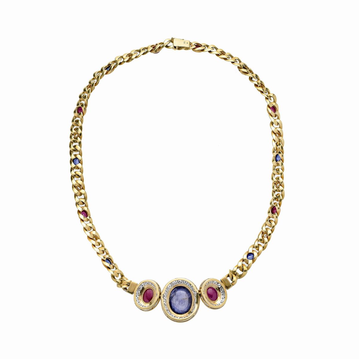 Girocollo in oro giallo, oro bianco, diamanti, rubini e zaffiri