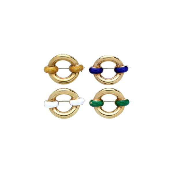 Set of four brooches in 18 kt yellow gold and polychrome enamels