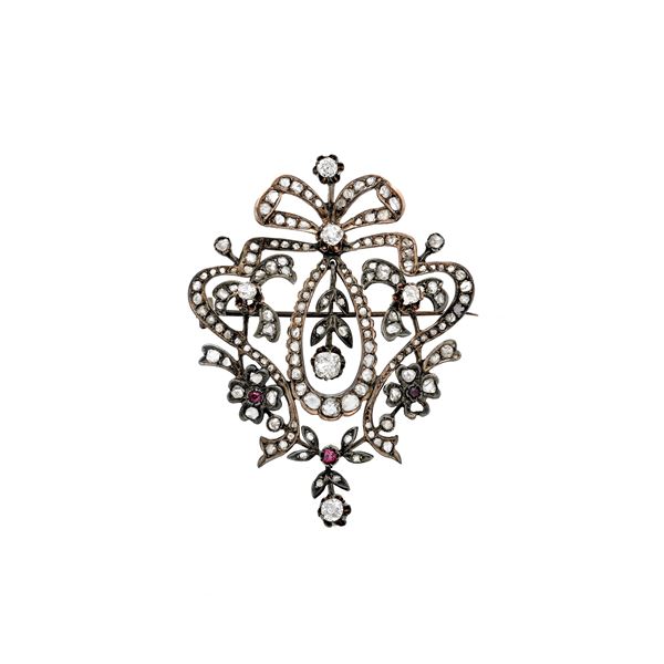Large pendant brooch in low title gold, silver, diamonds and rubies